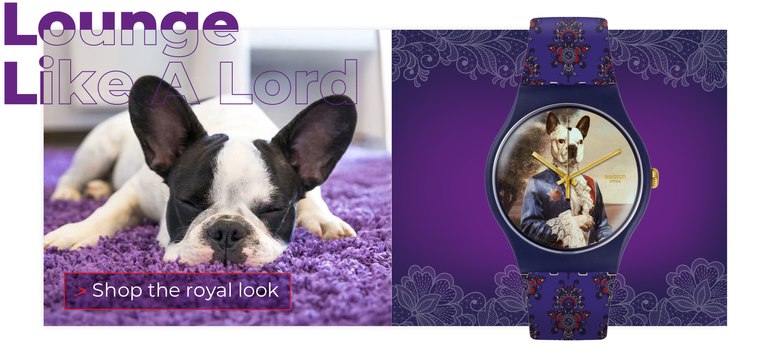Watch with dog design and promotional text for a pet-themed product line.