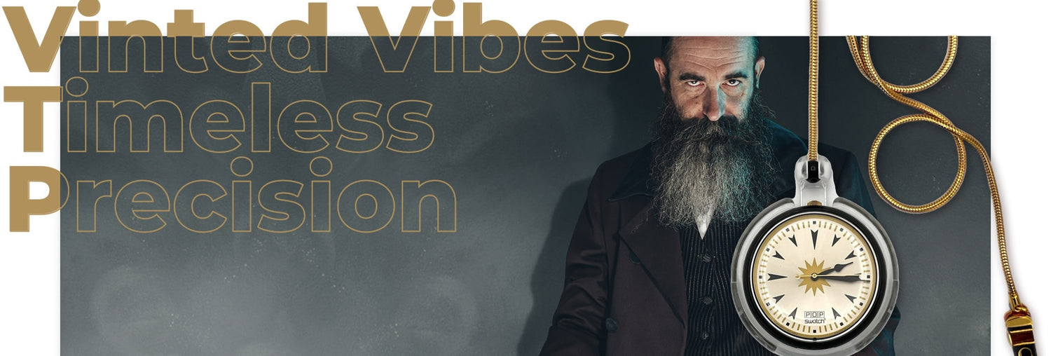 Man with a beard holding a pocket watch with text 'Vinted Vibes' and 'Timeless Precision'.