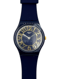 Swatch Swiss Sport watch featuring a dark navy blue silicone strap, a matching dark blue dial, and gold-tone Arabic numerals and hands.