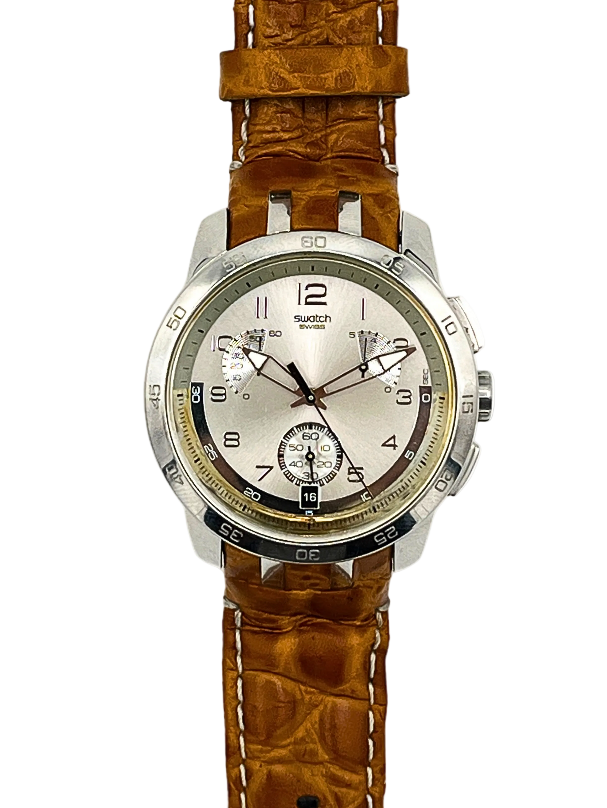 A Swatch wristwatch featuring a brown textured alligator leather strap and a silver-toned stainless steel case with a white dial.