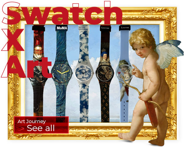 Watch collection with artistic design elements and a classical figure in a decorative frame.