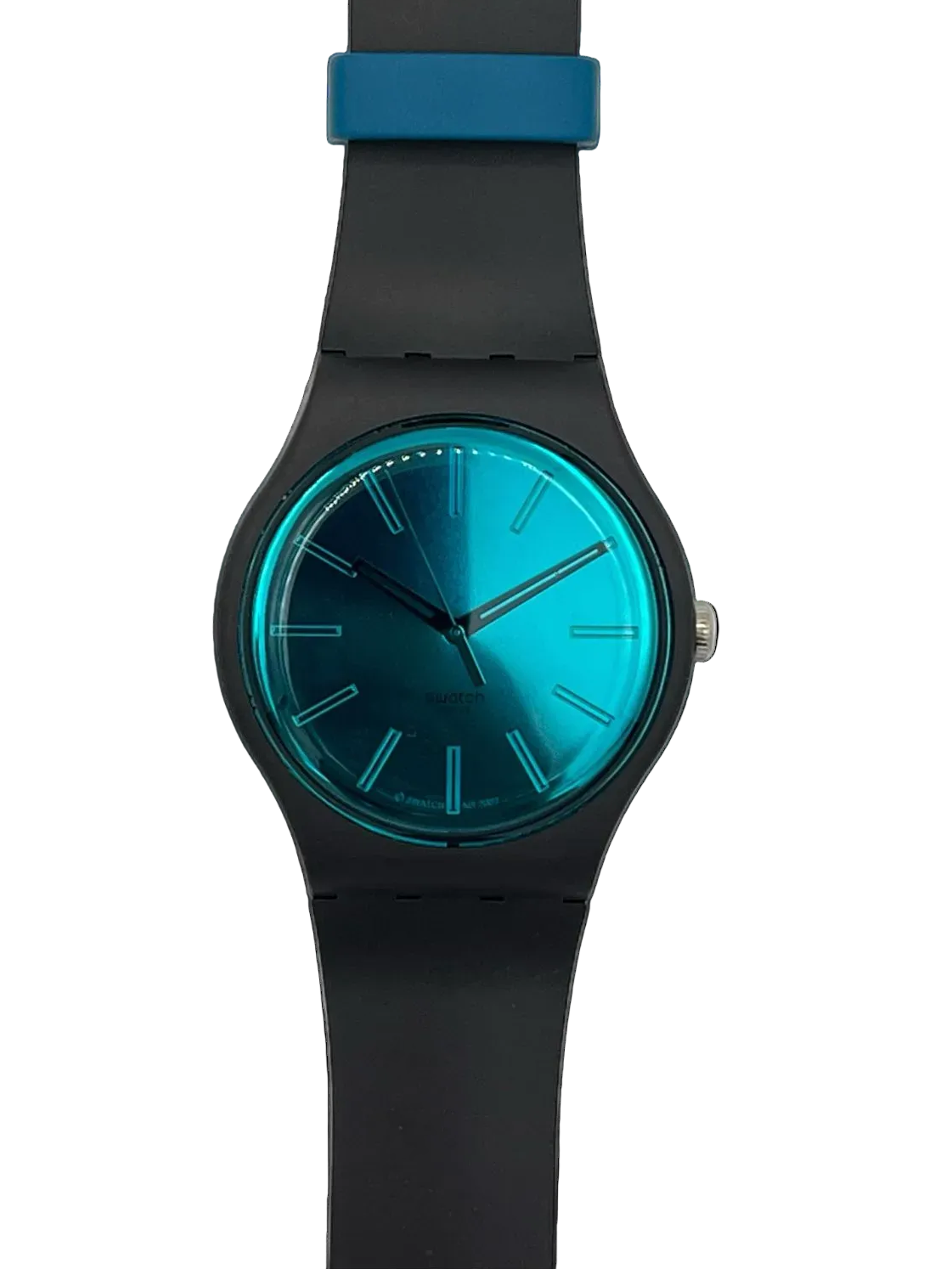 A modern analog wristwatch with a matte black silicone strap and case, featuring a vibrant metallic teal-blue gradient dial and a matching blue accent ring near the top of the strap, shown against a plain white background.