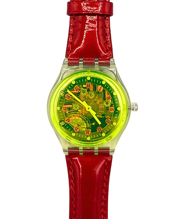A Swatch wristwatch featuring a bright red textured strap, a clear case, and a vibrant neon yellow dial with orange details.