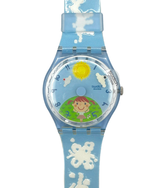 Children's watch with cartoon design on a light blue strap