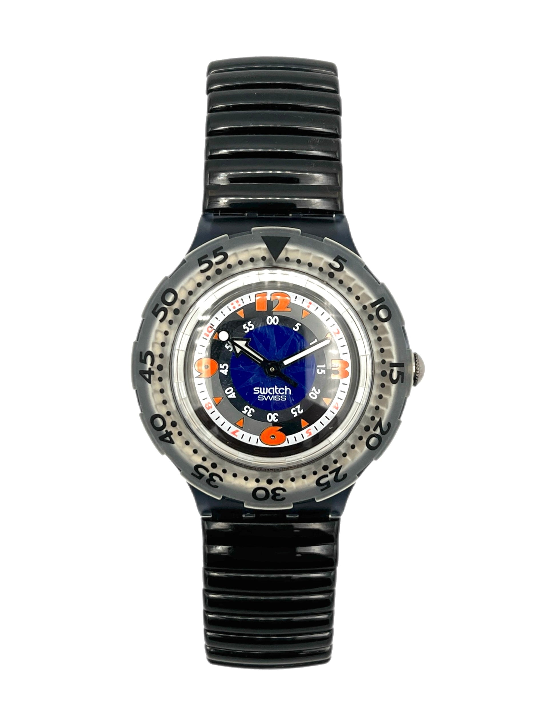 Black wristwatch with a blue and orange face on a white background