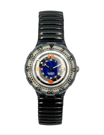 Black wristwatch with a blue and orange face on a white background