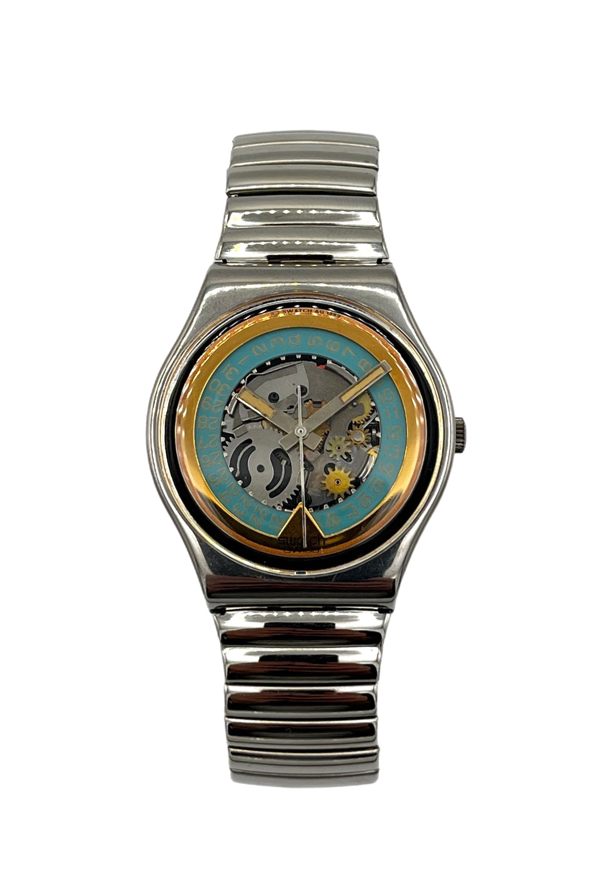 A wristwatch with a silver-tone metal link bracelet and a round case. The dial is open-heart style, showing a turquoise blue background with gold-tone hands and a visible mechanical gear movement inside.