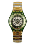 A Swatch wristwatch featuring a translucent green case and a two-tone green, gold, and silver striped metal link bracelet, with a white dial.