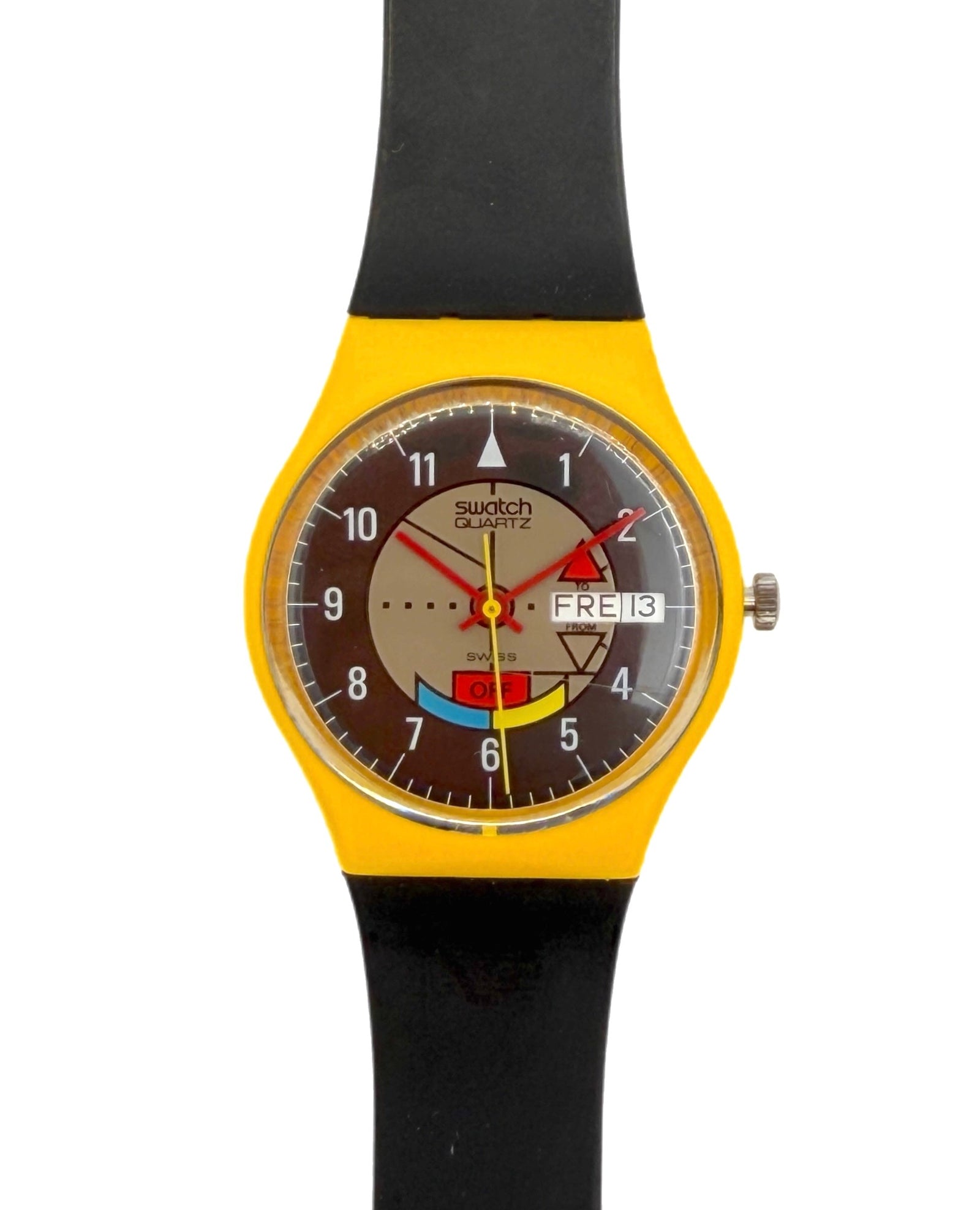 Swatch wristwatch with a bright yellow case, black strap, and a brown dial featuring colorful Swatch logo graphics and a day/date window.