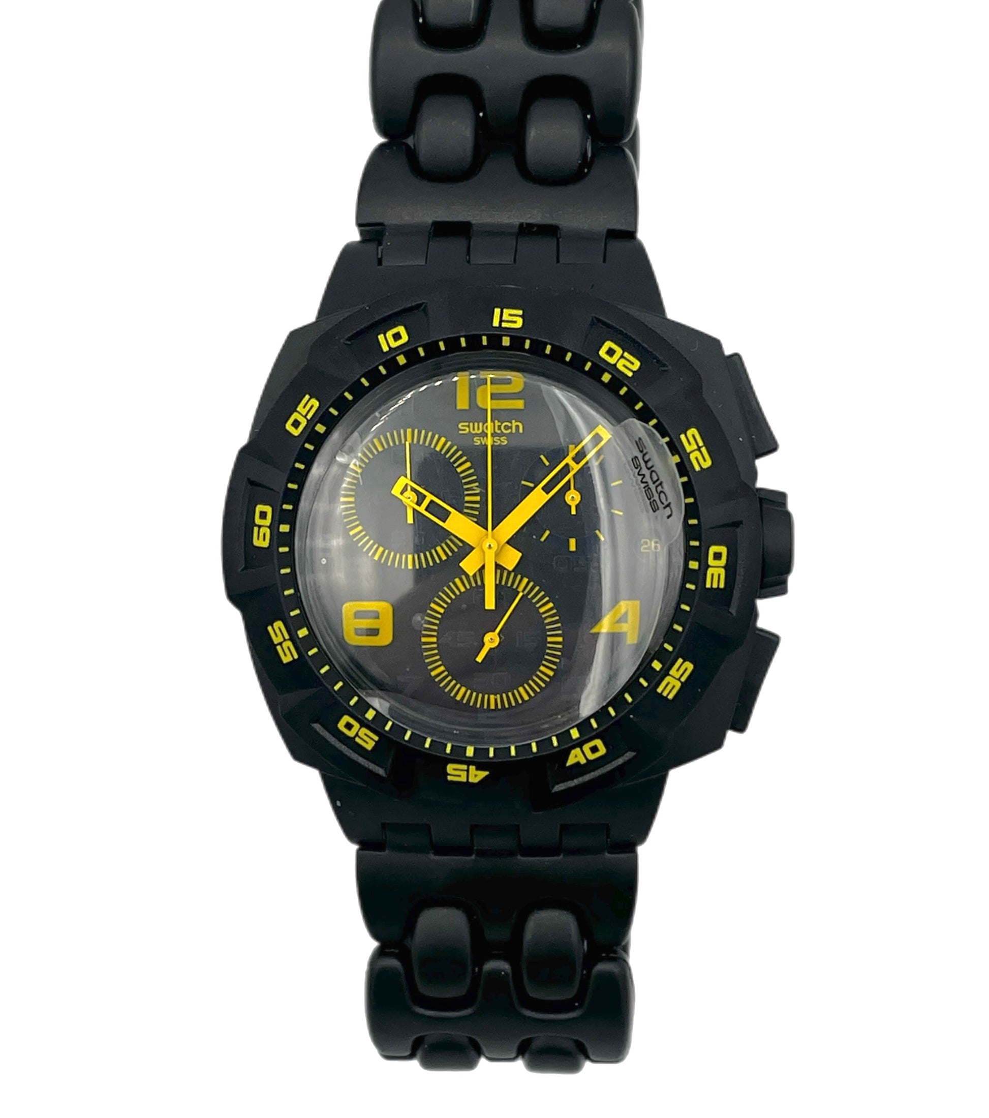 Black watch with yellow accents on a white background