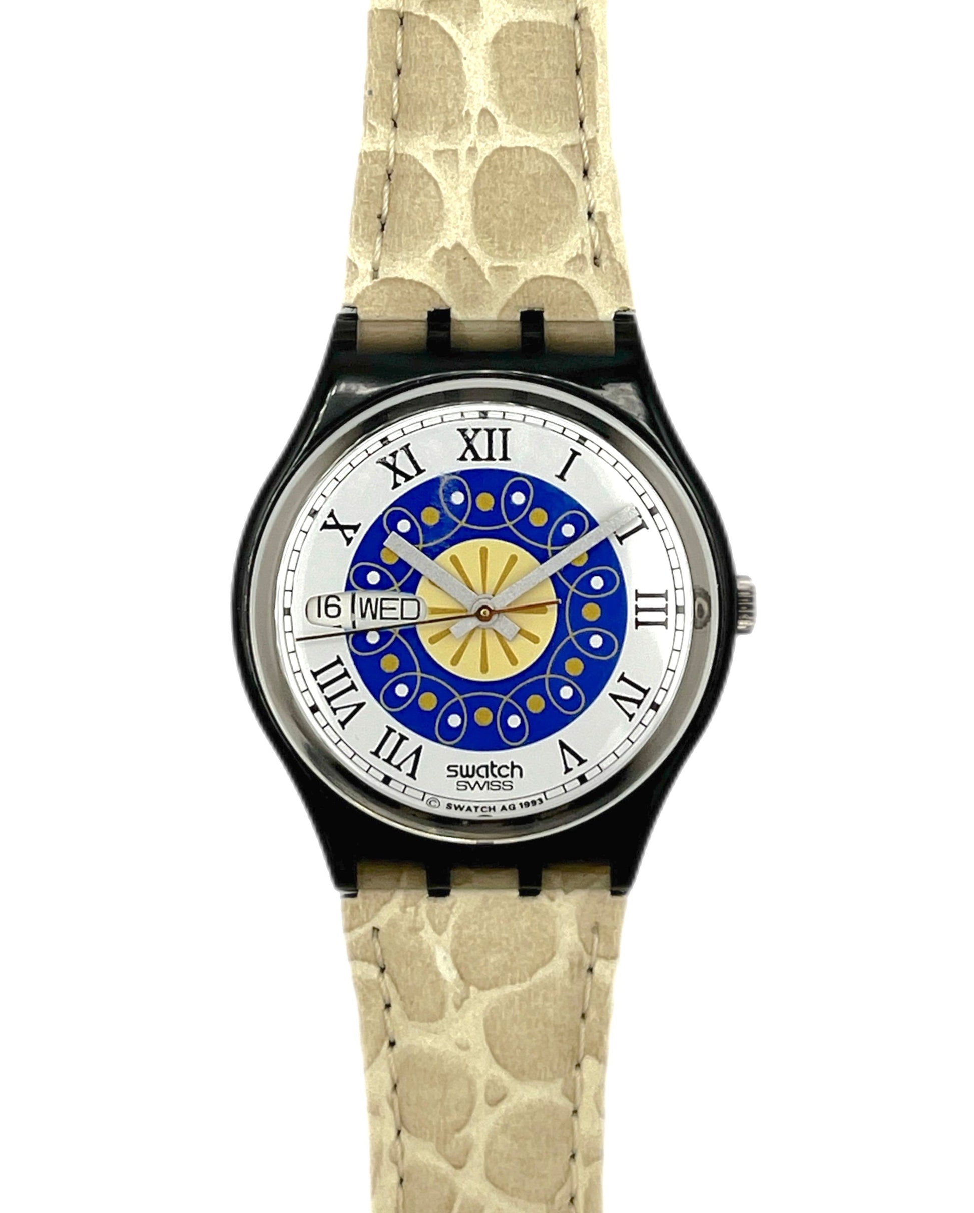 Swatch watch with a unique face and beige patterned strap on a white background