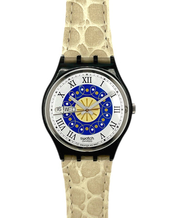 Swatch watch with a unique face and beige patterned strap on a white background