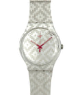 Swatch watch with a patterned strap on a white background