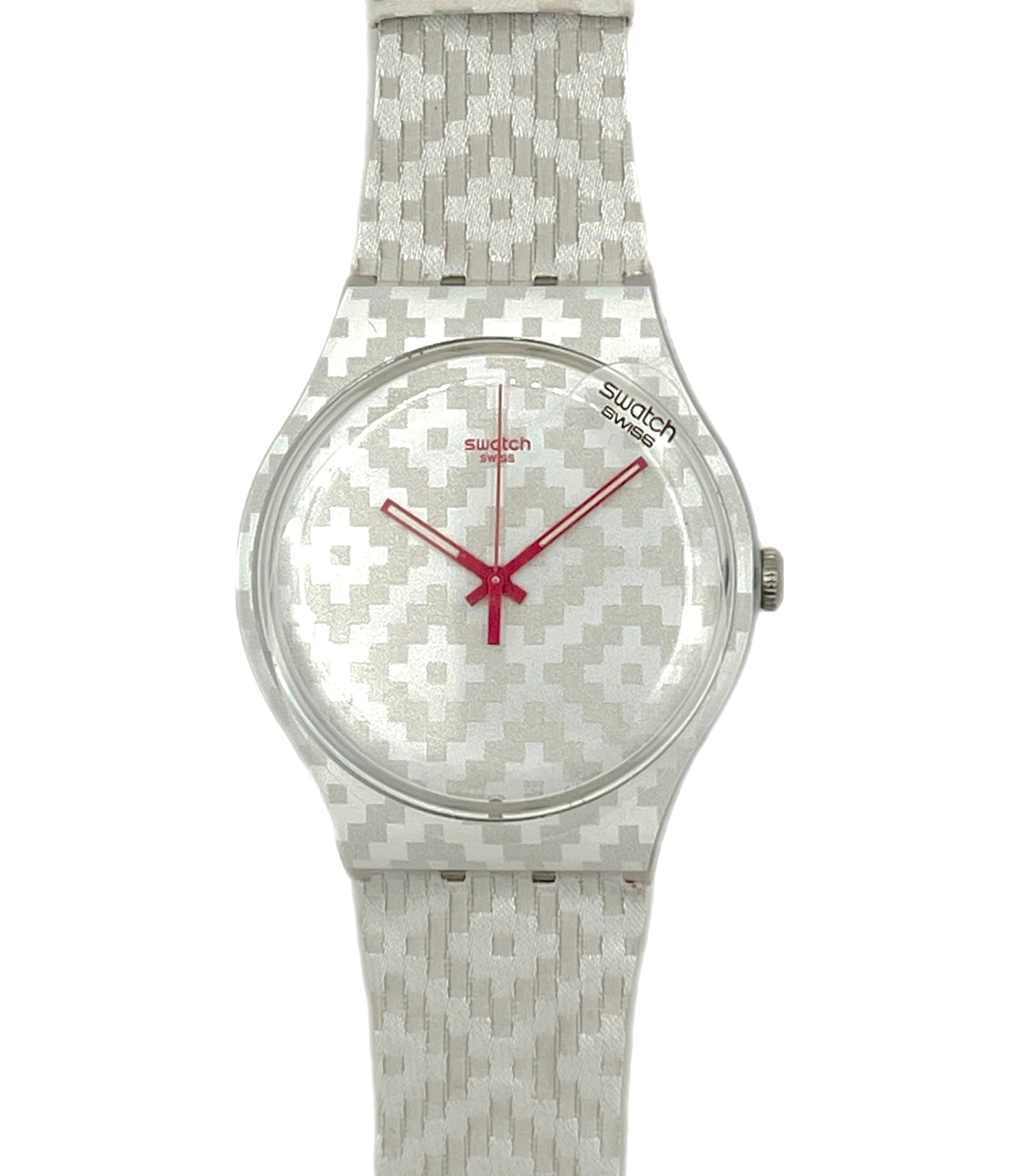 Swatch watch with a patterned strap on a white background