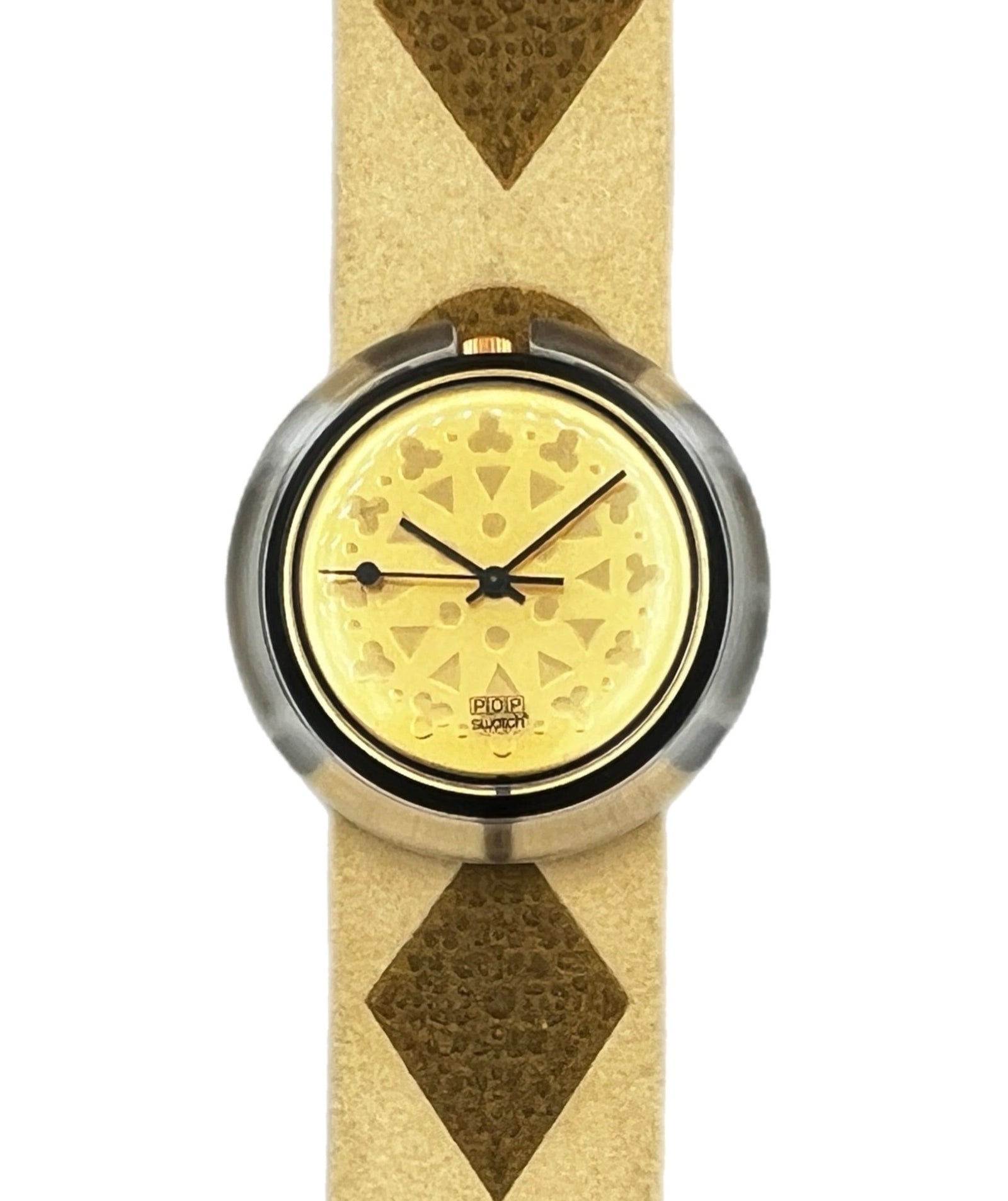 Wristwatch with gold face and patterned strap on a white background