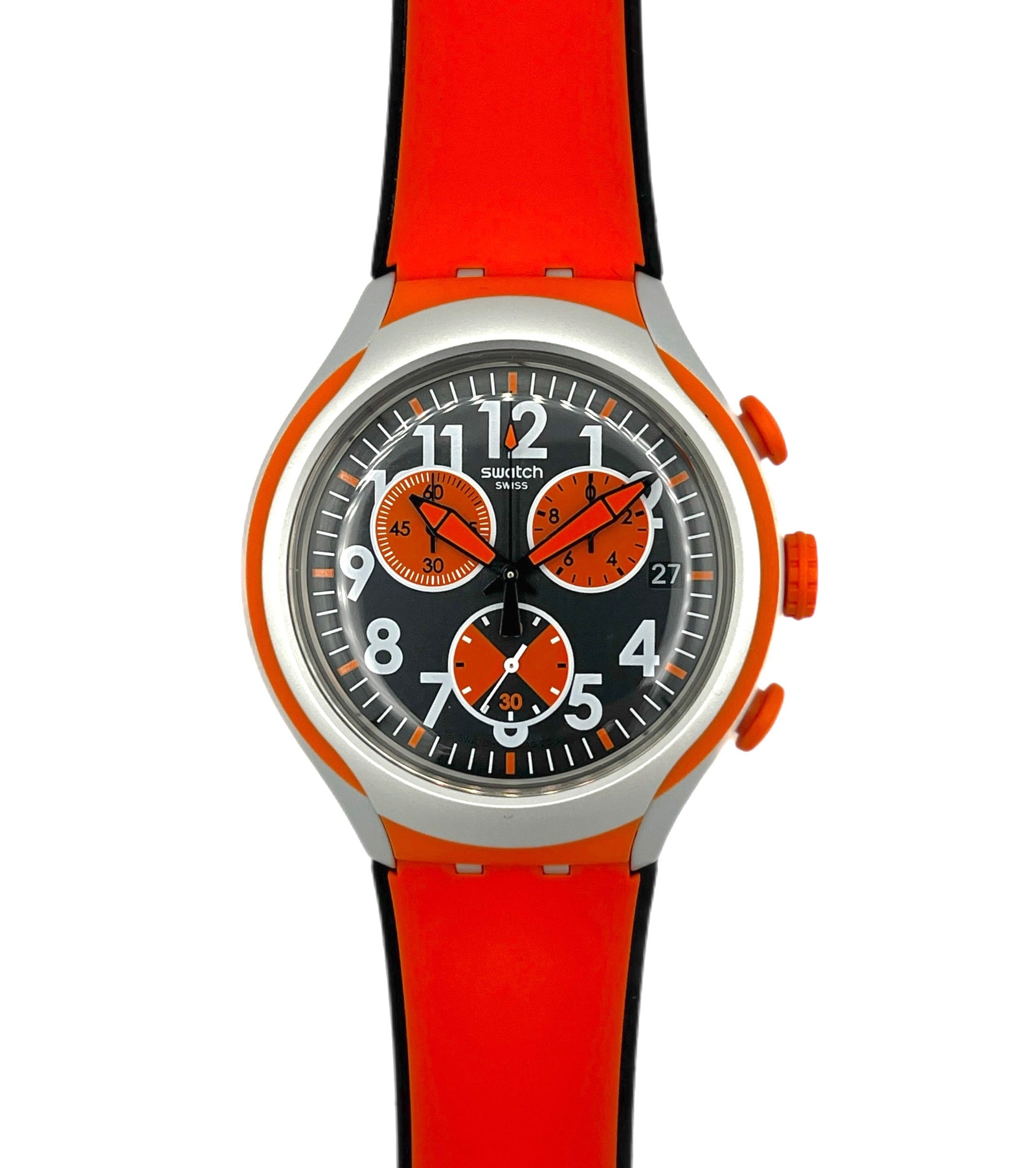 Swatch watch with orange strap and black dial on a white background