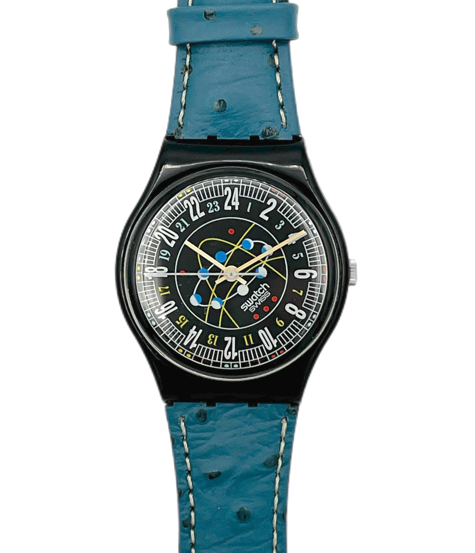 Watch with blue strap and black dial on a white background