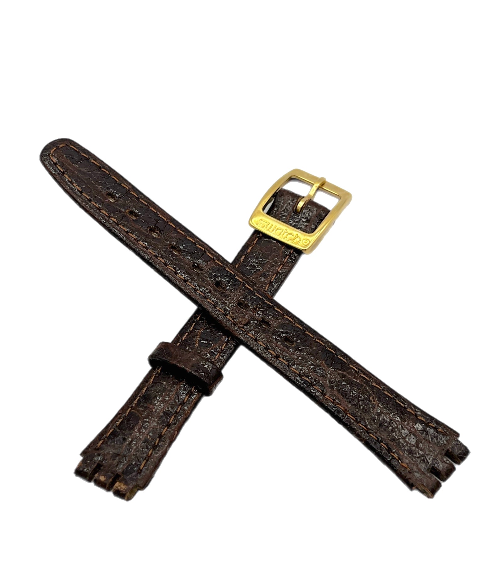 Brown textured Swatch watch strap with gold buckle on a white backgrounded 
