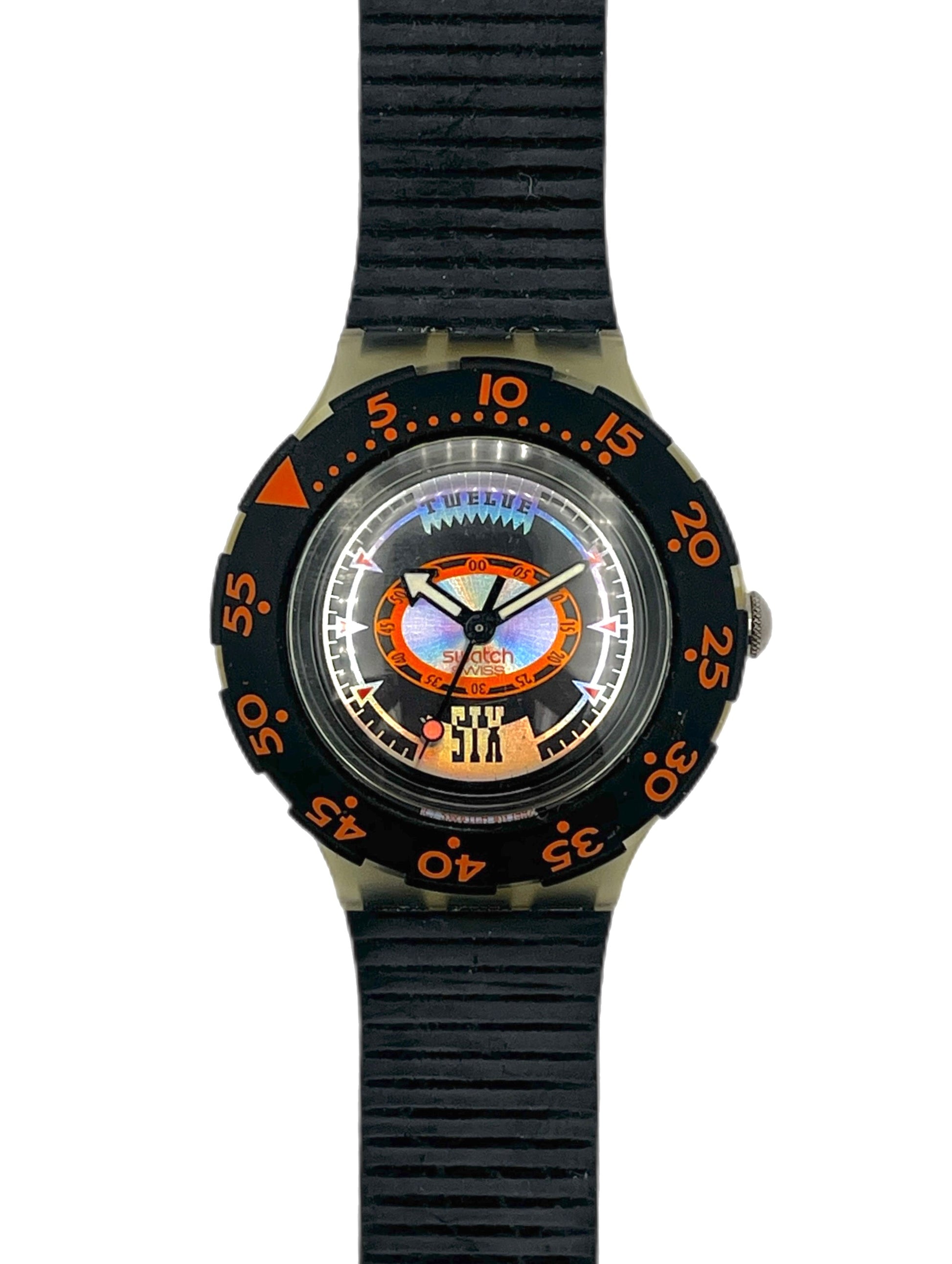 Watch with black strap and orange accents on a white background