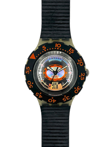 Watch with black strap and orange accents on a white background