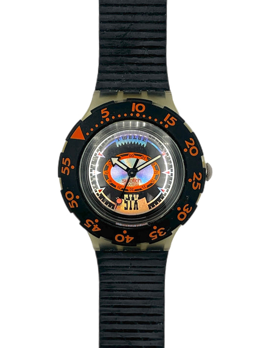 Watch with black strap and orange accents on a white background