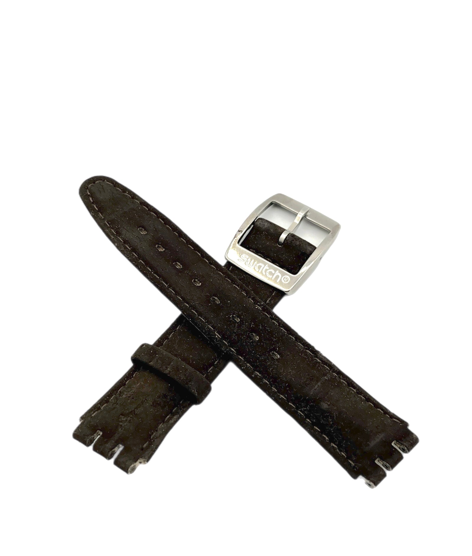 Dark brown textured watch strap with silver buckle on a white background
