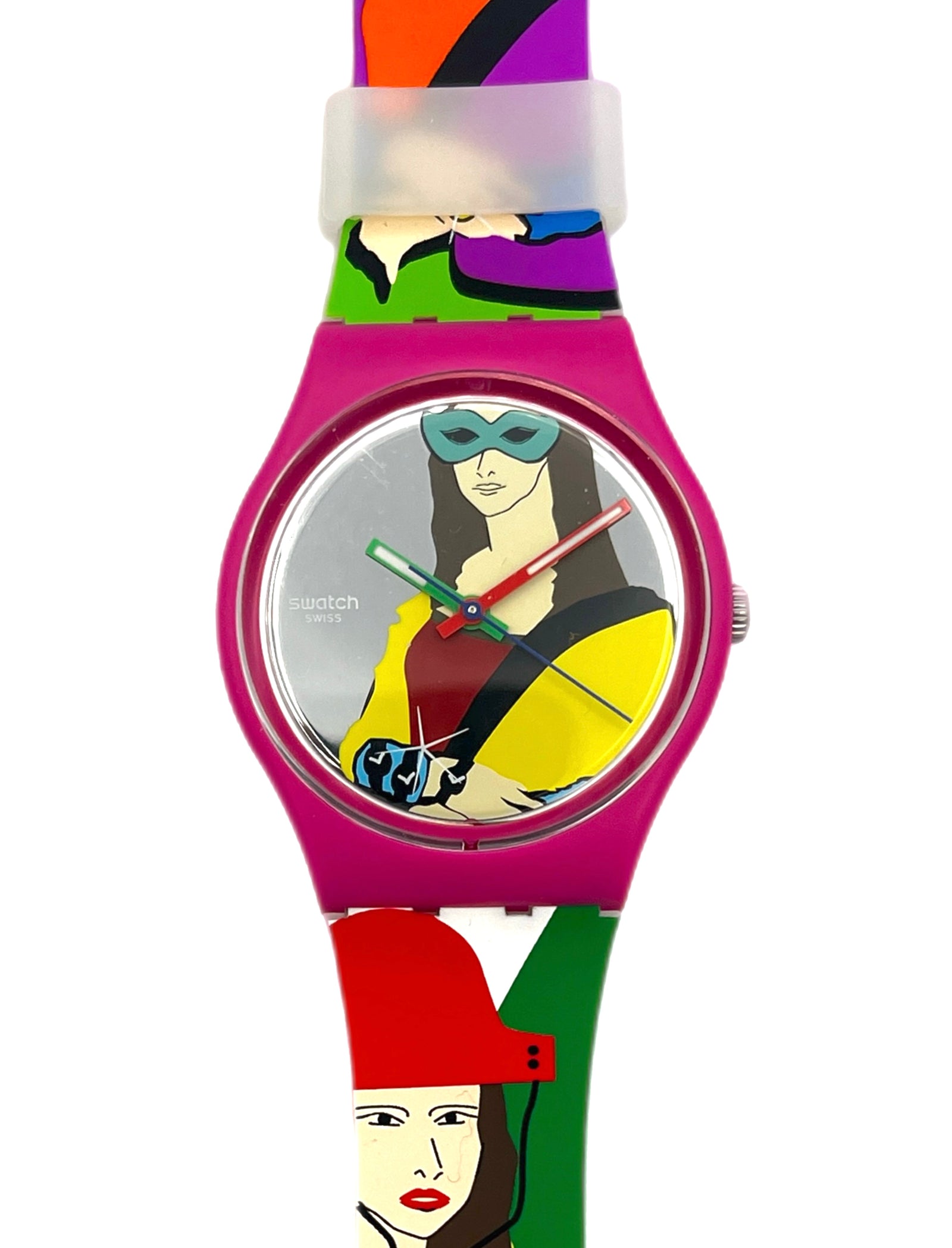 Colorful watch with a graphic design of a character on the face, featuring a pink case and green strap.