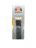 A dark gray textured fabric watch band in its original retail blister packaging, featuring the 'POP swatch' brand logo at the top.