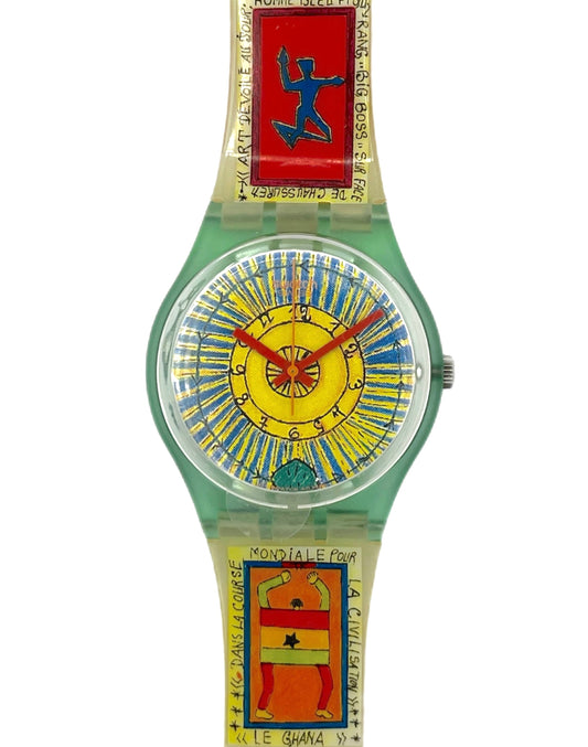 Colorful watch with abstract design on a white background