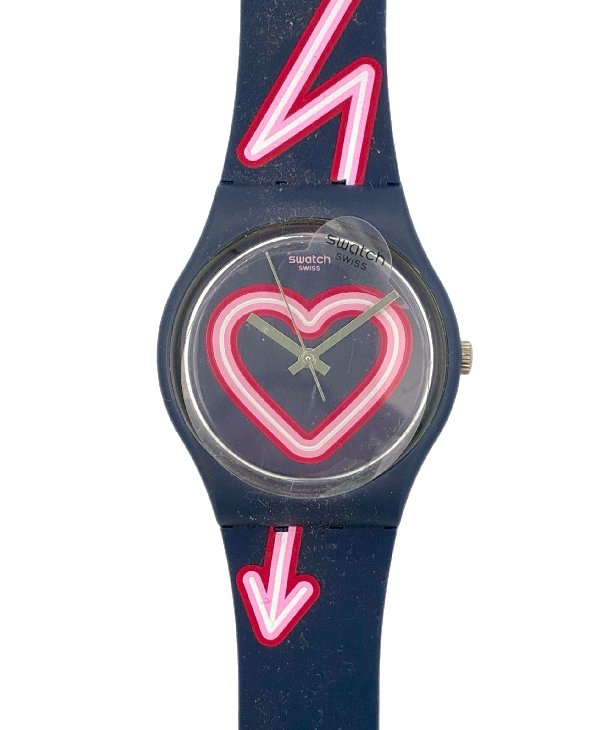 Swatch watch with heart design and red arrows on a white background