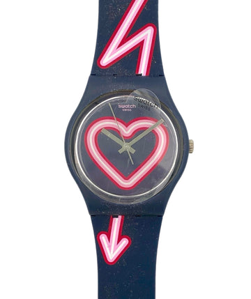 Swatch watch with heart design and red arrows on a white background