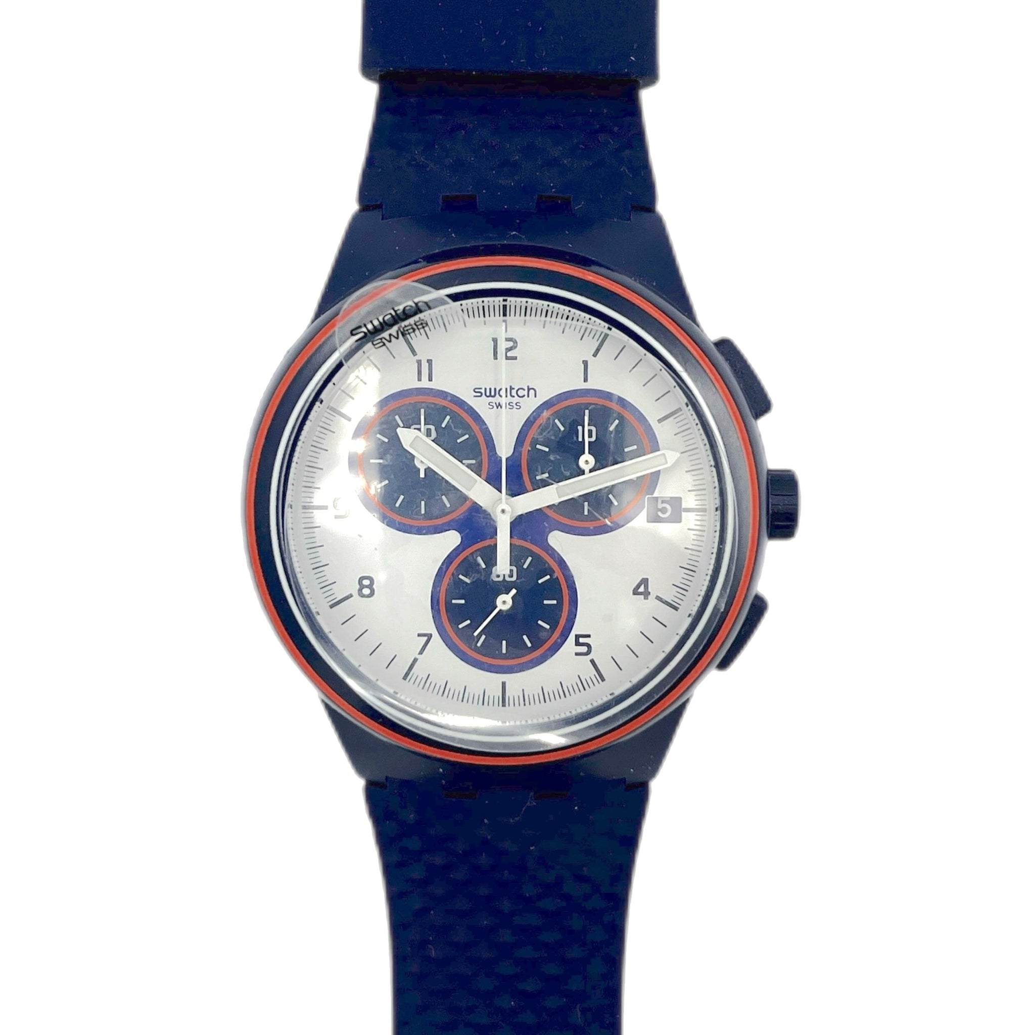 Blue watch with a white face on a white background