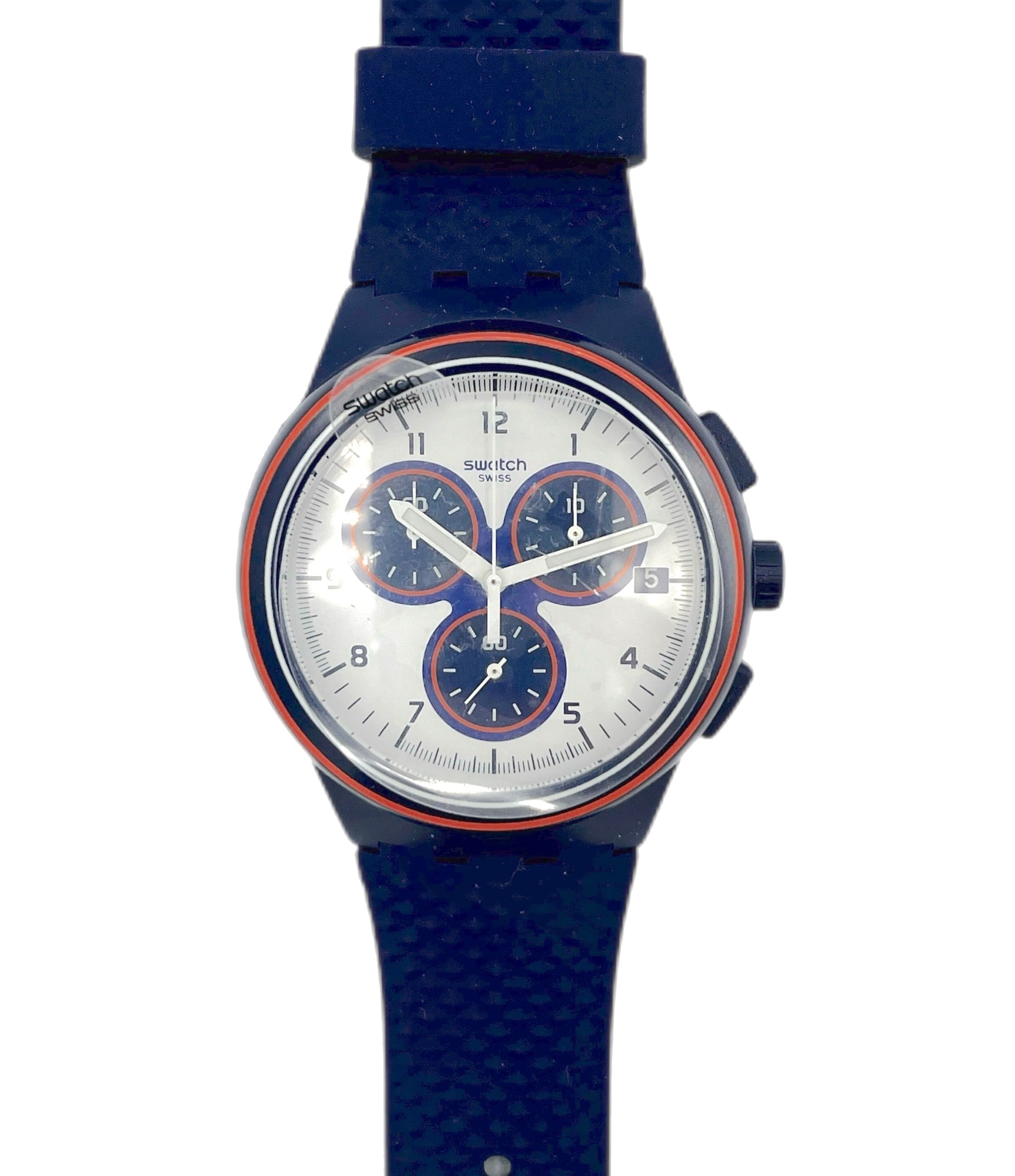 Blue watch with a white face on a white background