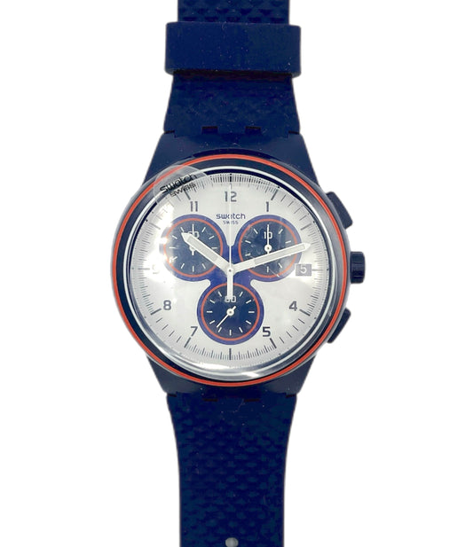 Blue watch with a white face on a white background