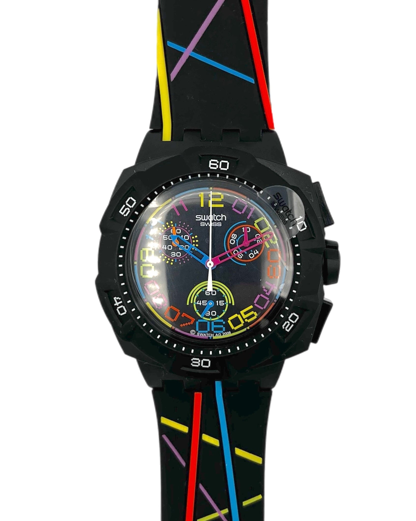 Multicolored watch with a black strap on a white background