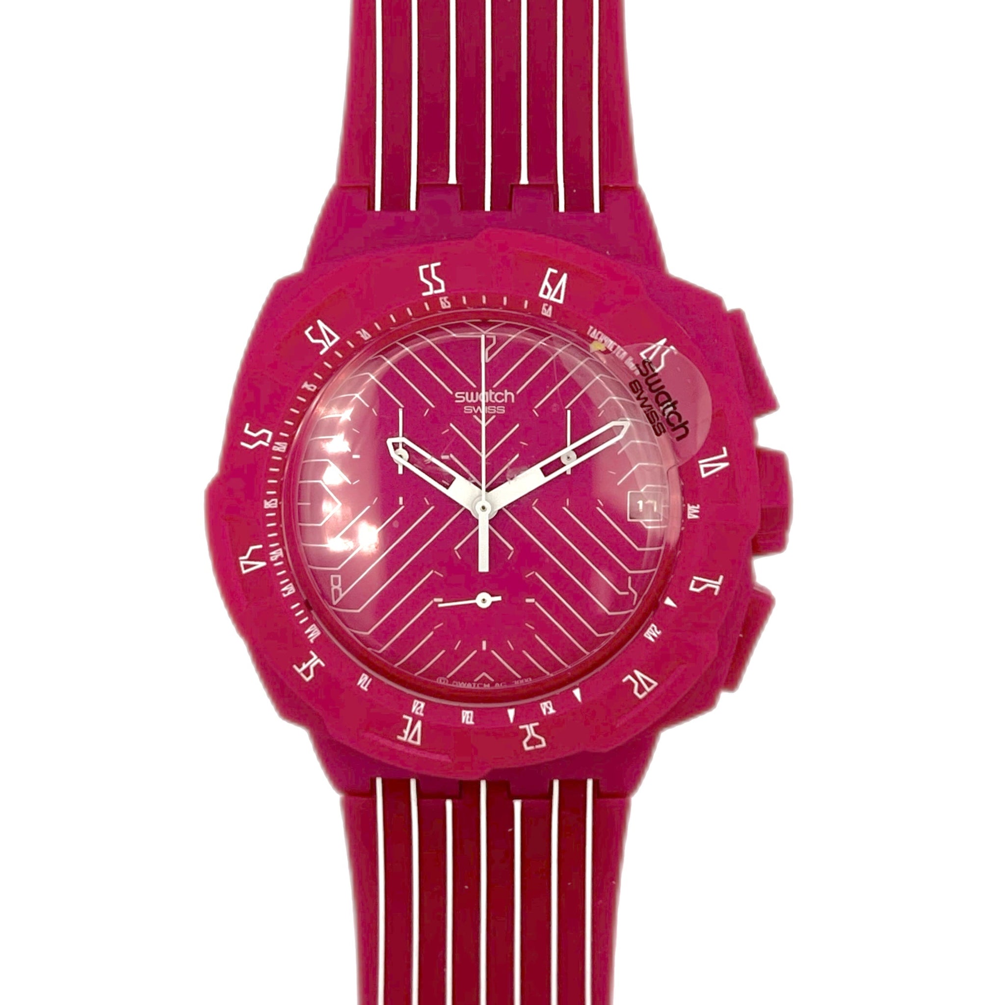 Pink wristwatch with a unique design on a white background