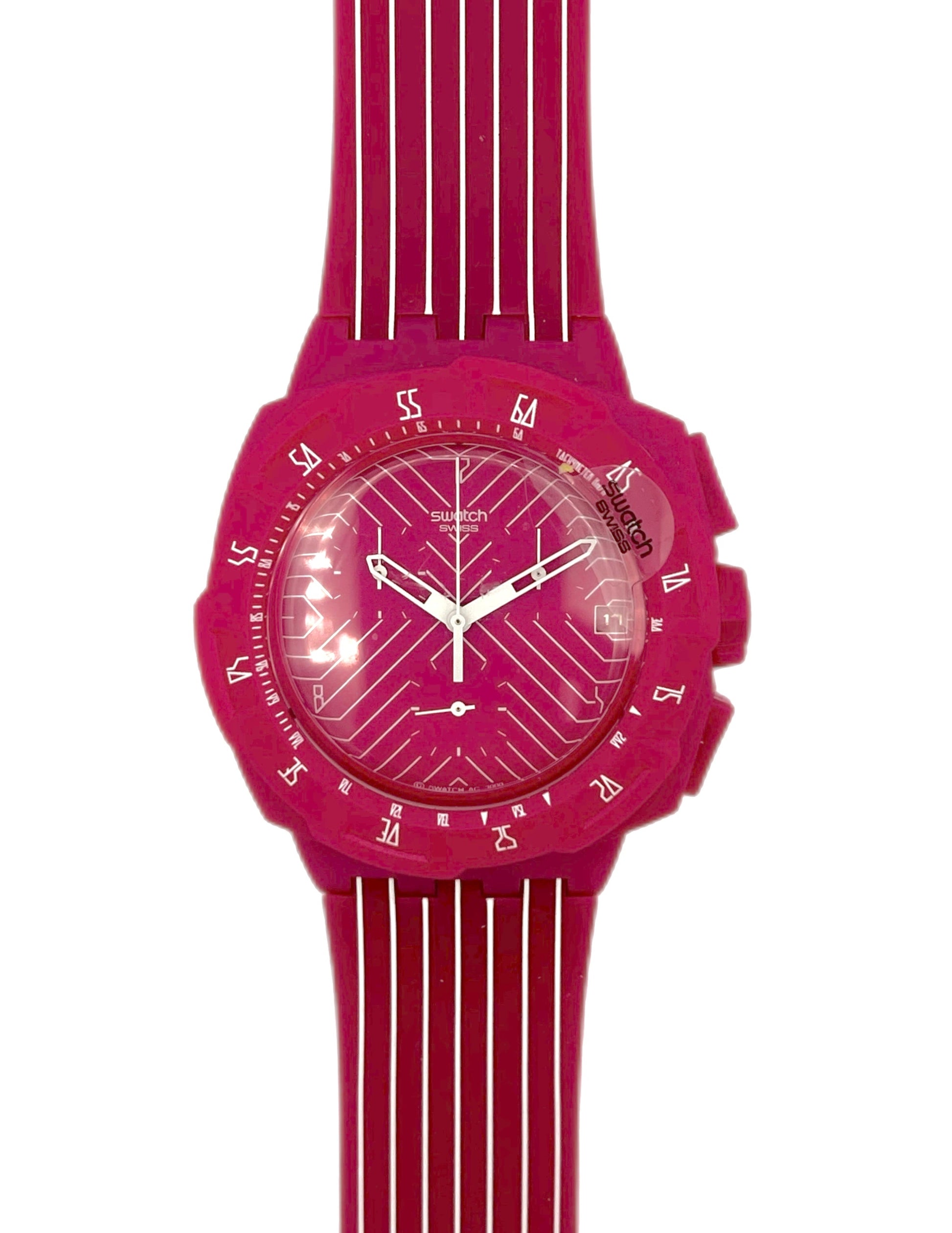 Pink wristwatch with a unique design on a white background