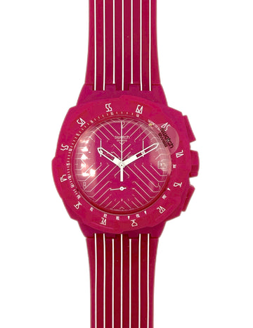 Pink wristwatch with a unique design on a white background