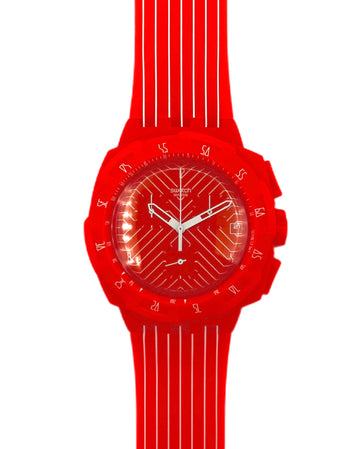 Orange neon watch with a white face on a white background