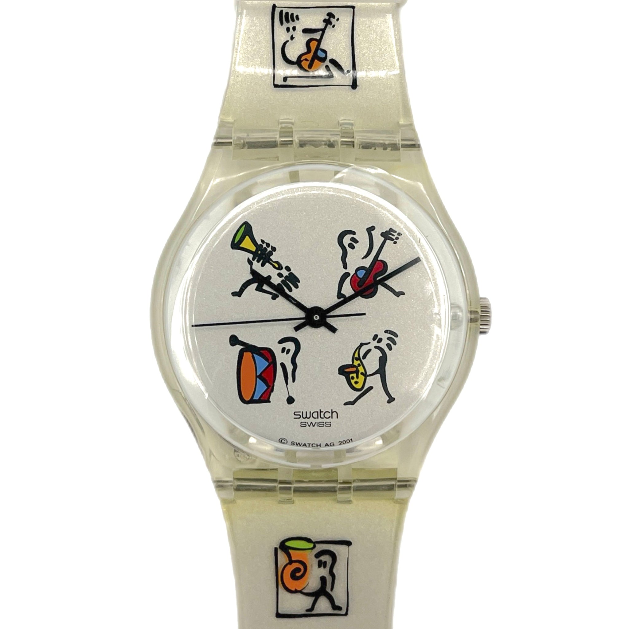 Swatch watch with colorful design on a white background