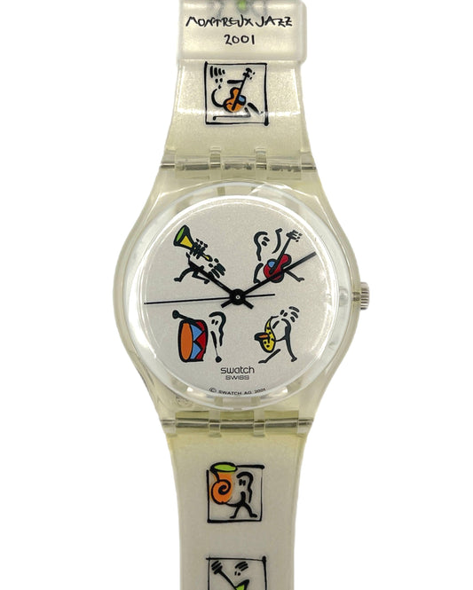 Swatch watch with colorful design on a white background