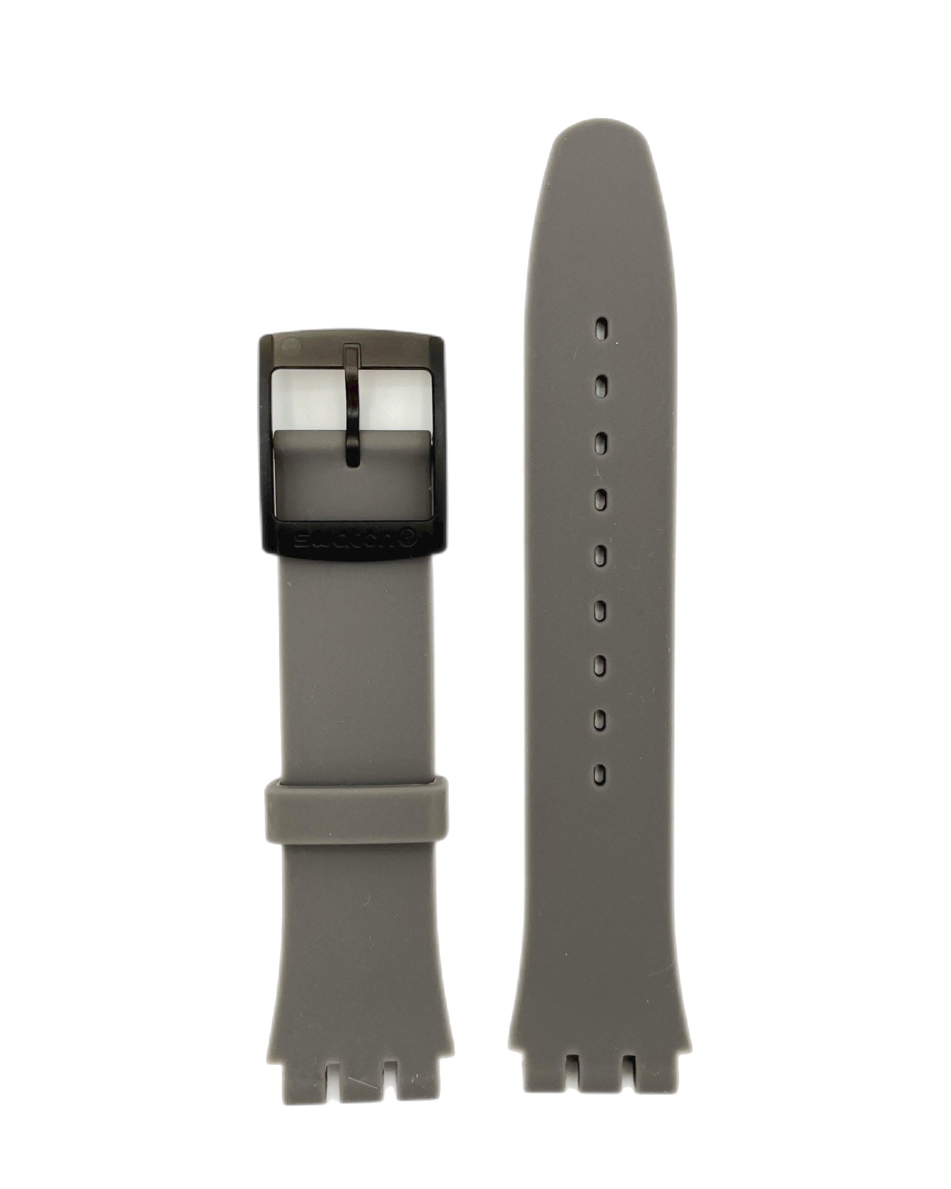 Gray Swatch strap with black buckle on a white background