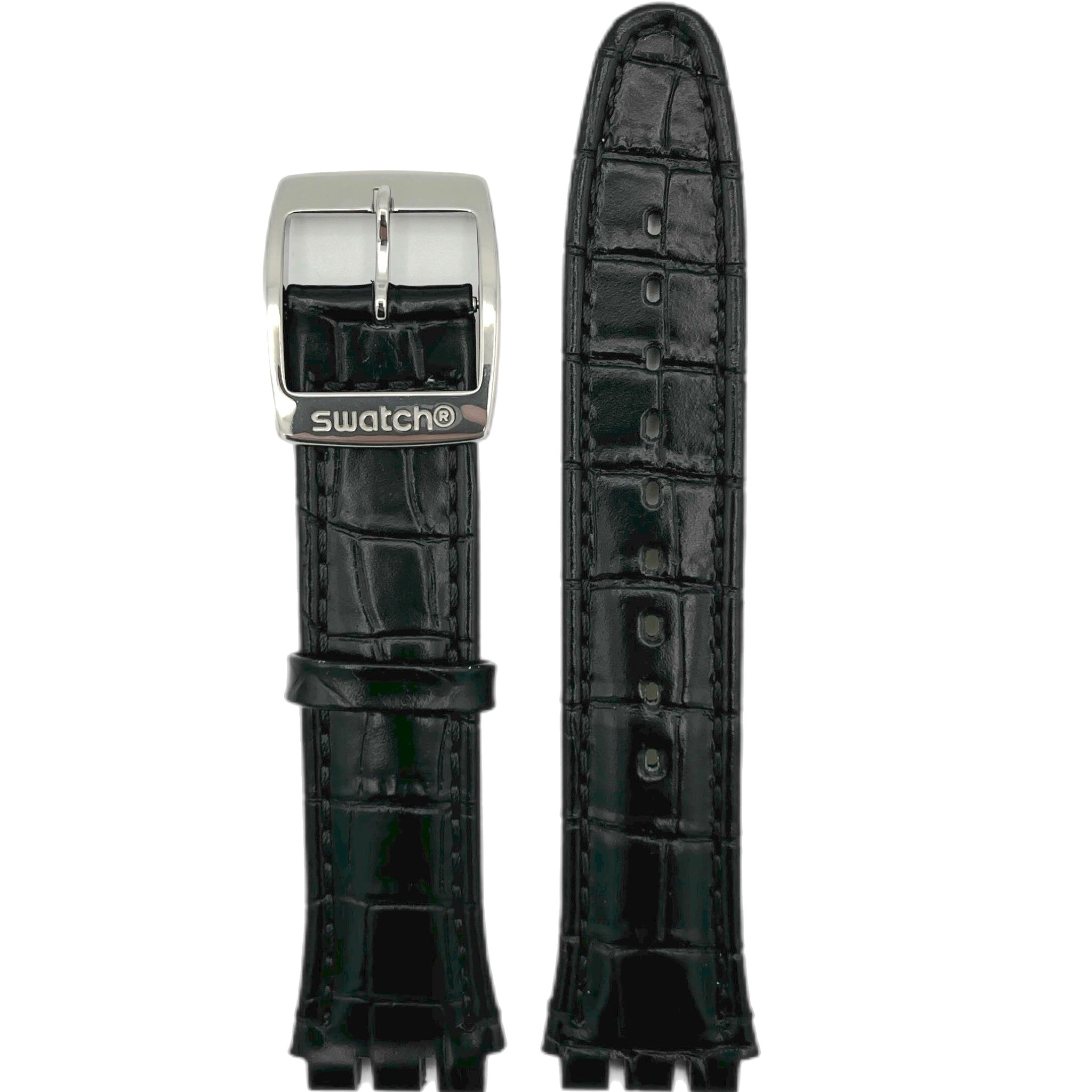 Black crocodile-patterned watch strap with silver buckle on a white background