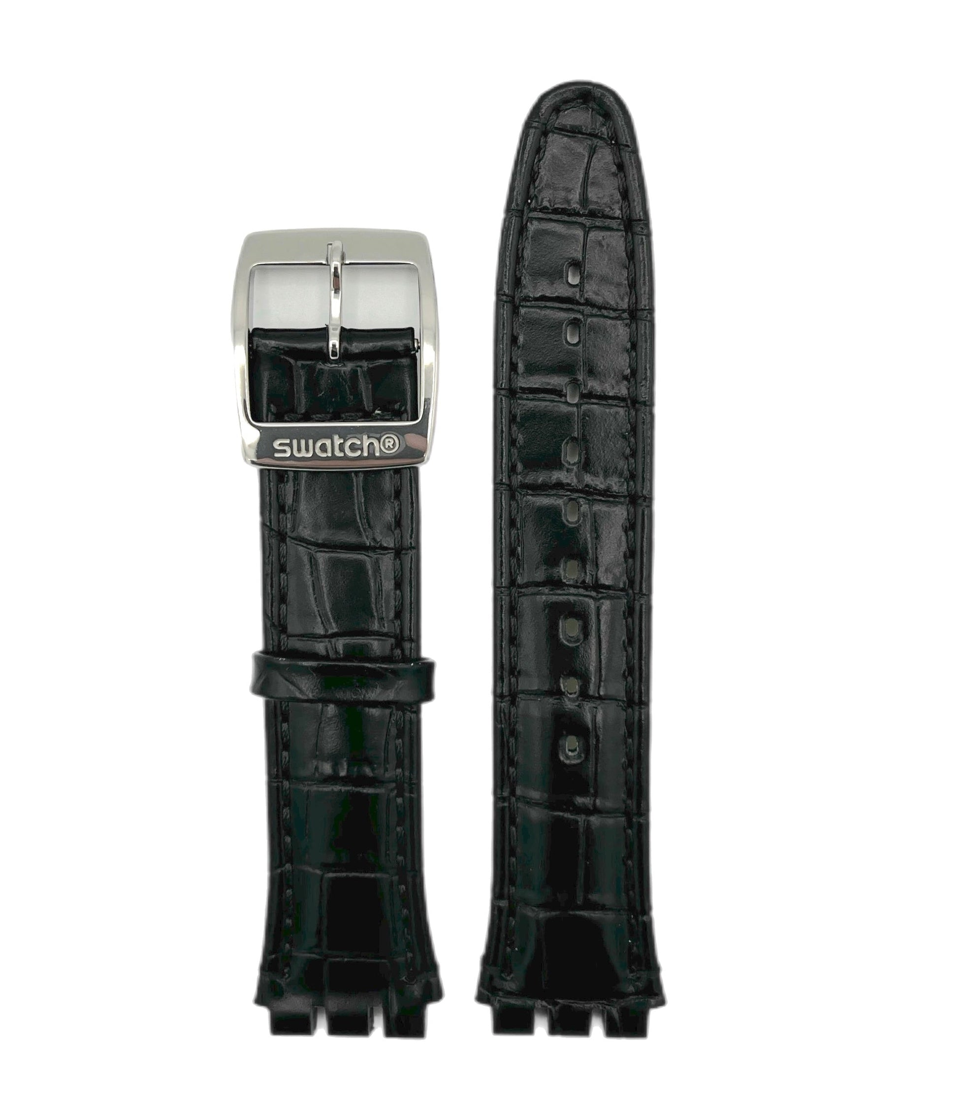 Black crocodile-patterned watch strap with silver buckle on a white background