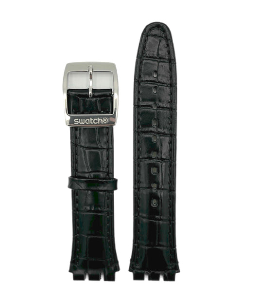 Black crocodile-patterned watch strap with silver buckle on a white background