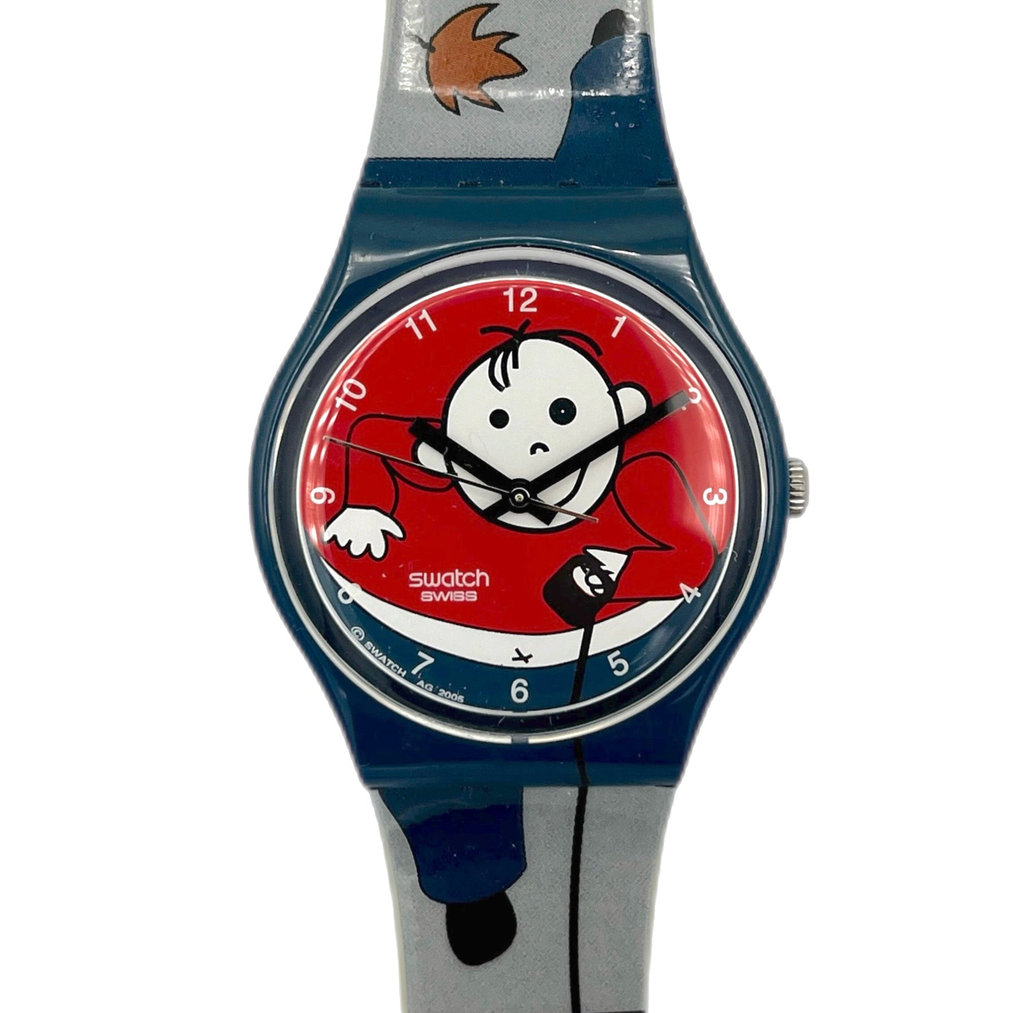 Cartoon-themed watch with a red face and blue strap on a white background