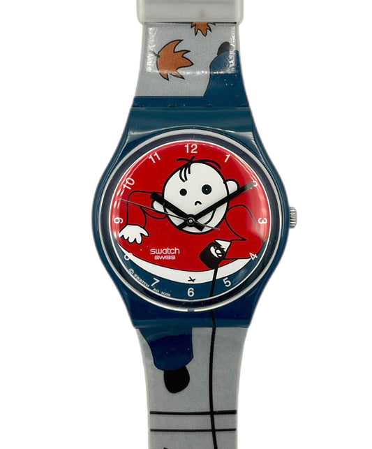 Cartoon-themed watch with a red face and blue strap on a white background