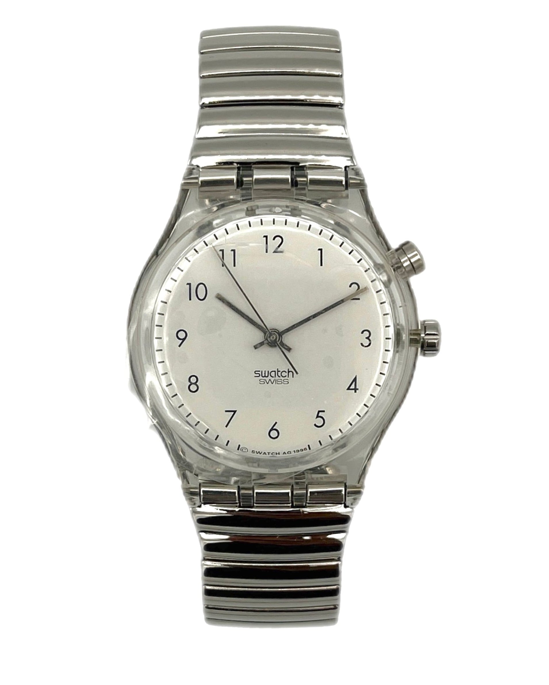 Silver Swatch watch on a white background