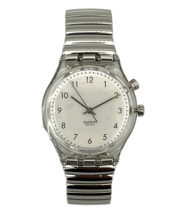 Silver Swatch watch on a white background
