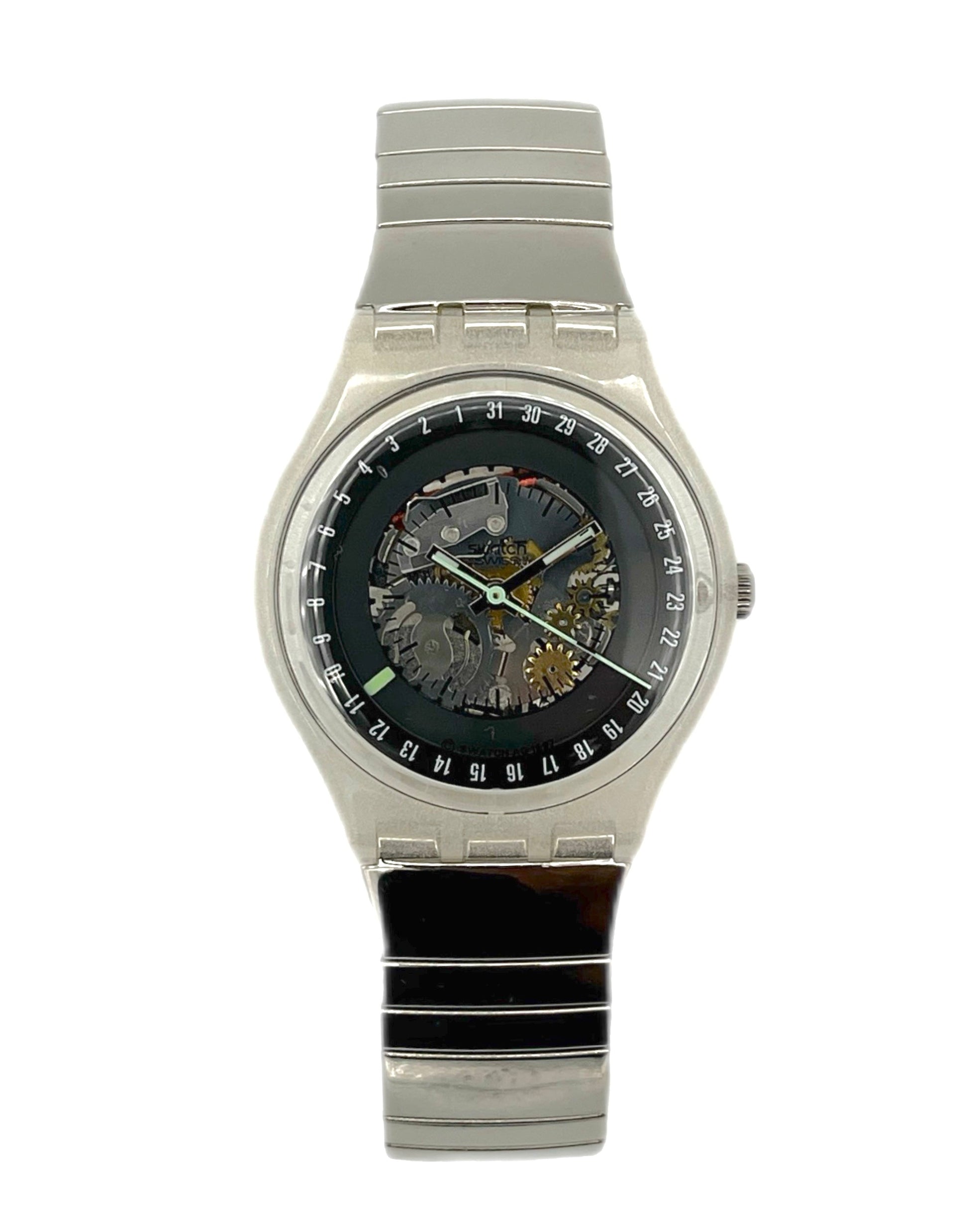 Silver watch with black face on a white background